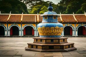 un' grande blu e giallo vaso seduta nel un' cortile. ai-generato foto