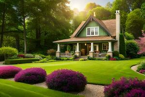 un' bellissimo Casa con lussureggiante verde prato e fiori. ai-generato foto