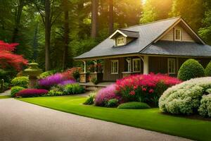 bellissimo giardino con Casa e fiori nel il mattina. ai-generato foto