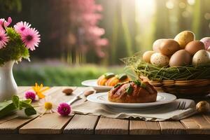 Pasqua cena con fiori e uova su tavolo. ai-generato foto