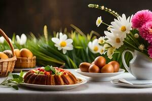 Pasqua fiori, uova, e cesti su un' tavolo. ai-generato foto