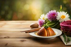 Cinese tradizionale primavera Festival dolce con fiori e uova su di legno tavolo. ai-generato foto