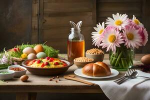 un' tavolo con uova, pane, e altro cibo. ai-generato foto