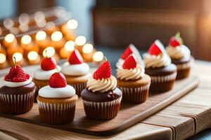 un' di legno vassoio con parecchi cupcakes su esso. ai-generato foto