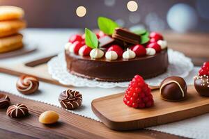 un' cioccolato torta con frutti di bosco e altro dolci su un' di legno tavolo. ai-generato foto