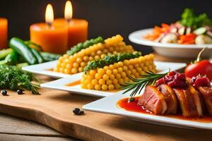 un' tavolo con cibo e candele. ai-generato foto