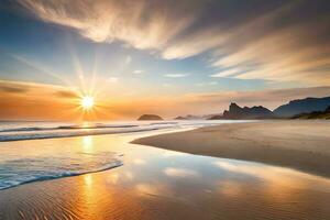 tramonto su il spiaggia con onde e montagne. ai-generato foto