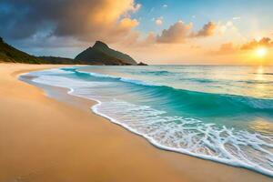 un' bellissimo spiaggia con onde e montagne a tramonto. ai-generato foto