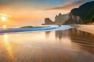 tramonto su il spiaggia con onde e rocce. ai-generato foto