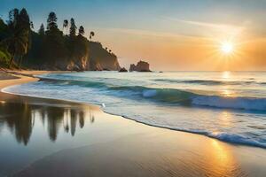 tramonto su il spiaggia con onde e alberi. ai-generato foto