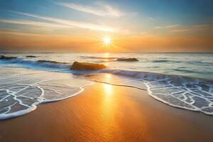 tramonto su il spiaggia con onde e rocce. ai-generato foto