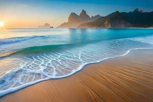 tramonto su il spiaggia con onde e montagne. ai-generato foto