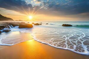 tramonto su il spiaggia con onde e rocce. ai-generato foto