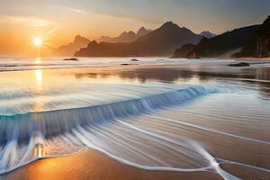 un' bellissimo tramonto al di sopra di il oceano con onde. ai-generato foto