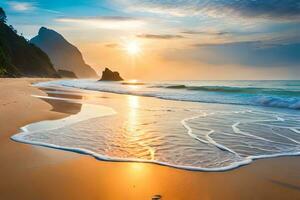 tramonto su il spiaggia con onde e rocce. ai-generato foto