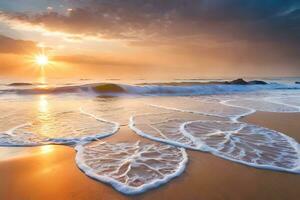 tramonto su il spiaggia con onde e sabbia. ai-generato foto