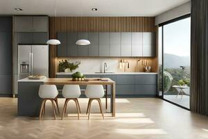 moderno cucina con di legno pavimentazione e grigio armadietti. ai-generato foto