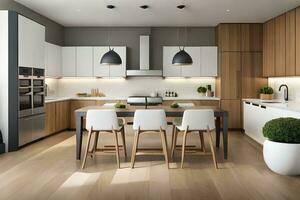un' moderno cucina con di legno armadietti e bianca elettrodomestici. ai-generato foto