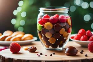 un' vaso pieno con cioccolato e frutti di bosco su un' tavolo. ai-generato foto