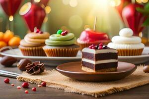 Natale torta con rosso frutti di bosco e decorazioni su un' di legno tavolo. ai-generato foto