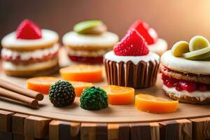 mini torte su un' di legno vassoio con frutta e noccioline. ai-generato foto