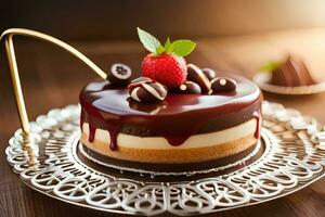 un' cioccolato torta con fragole e cioccolato su superiore. ai-generato foto