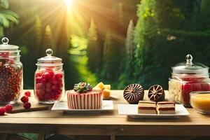 un' tavolo con vario dolci e frutta su esso. ai-generato foto