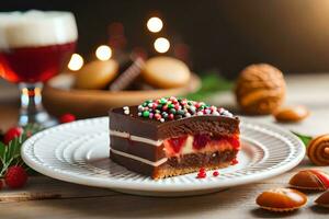 un' pezzo di torta con cioccolato e ciliegie su un' piatto. ai-generato foto