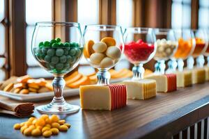 un' tavolo con parecchi bicchieri di vino e formaggio. ai-generato foto