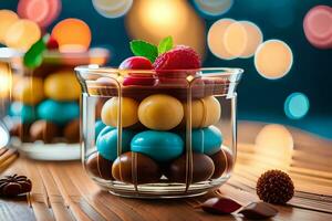 cioccolato dolce nel bicchiere con frutti di bosco e cioccolato palle. ai-generato foto