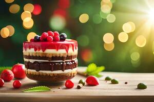 Natale torta con frutti di bosco e crema su di legno tavolo. ai-generato foto