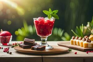 un' dolce con frutta e cioccolato su un' di legno tavolo. ai-generato foto