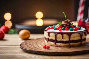 un' torta con cioccolato glassa e spruzzatori su superiore. ai-generato foto