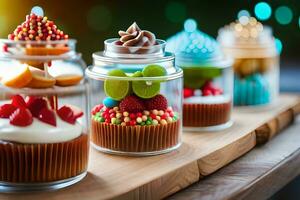 parecchi cupcakes nel bicchiere barattoli su un' di legno tavolo. ai-generato foto