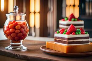 un' torta con fragole e un' vaso di gelatina. ai-generato foto