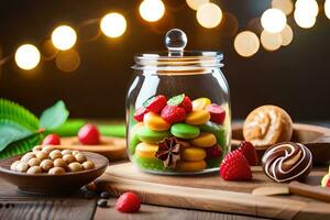 un' vaso pieno con caramelle e frutti di bosco su un' di legno tavolo. ai-generato foto