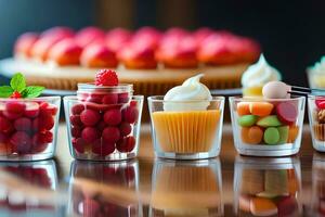 un' tavolo con parecchi diverso dolci nel occhiali. ai-generato foto