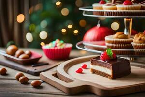 Natale dolci su un' tavolo con un' Natale albero nel il sfondo. ai-generato foto