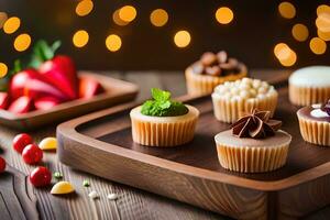 cupcakes su un' di legno vassoio con luci nel il sfondo. ai-generato foto