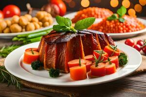 un' piatto di carne e verdure su un' tavolo. ai-generato foto