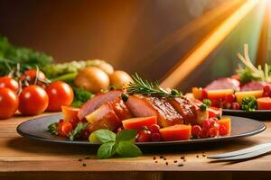 un' piatto di carne e verdure su un' di legno tavolo. ai-generato foto