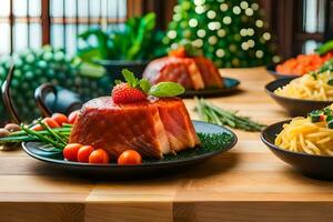 un' tavolo con cibo e un' Natale albero. ai-generato foto