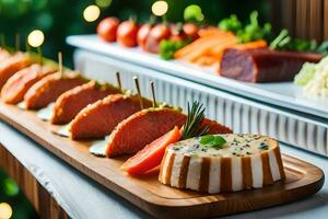 un' buffet con carne, formaggio e verdure. ai-generato foto