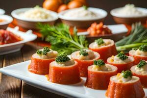 un' piatto di Antipasti con carne e verdure. ai-generato foto