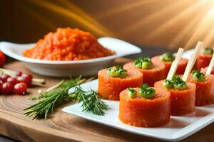 un' piatto con parecchi Sushi rotoli e altro cibo. ai-generato foto