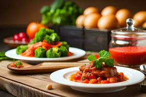 un' piatto di cibo con verdure e carne su esso. ai-generato foto