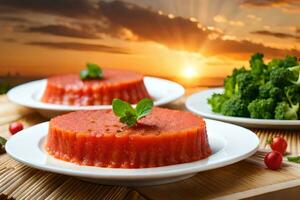 Due piatti con pomodoro e broccoli su loro. ai-generato foto