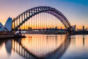 il sydney porto ponte a tramonto. ai-generato foto