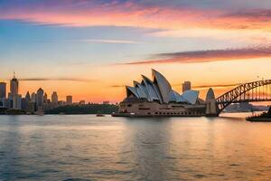 il sydney musica lirica Casa e sydney ponte a tramonto. ai-generato foto