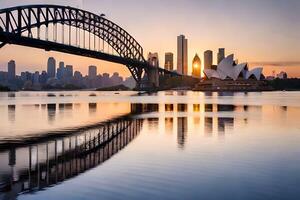 sydney orizzonte a tramonto con il porto ponte nel il sfondo. ai-generato foto